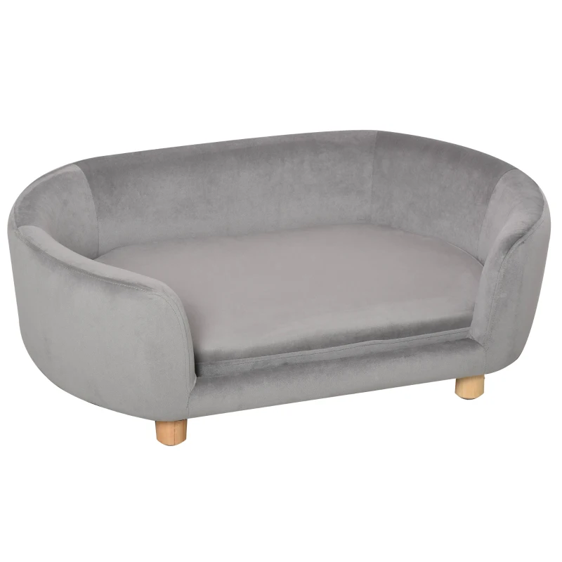 PawHut Sofá para Cães Pequenos com Pés de Madeira Almofada Removível e Capa Lavável 86x55x33 cm Cinzento Claro