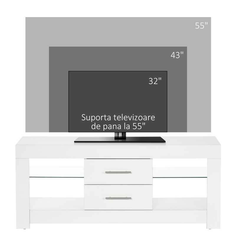 Comoda TV cu LED RGB – 55”, Etajere Sticla & Telecomanda, 12 Culori, 10W