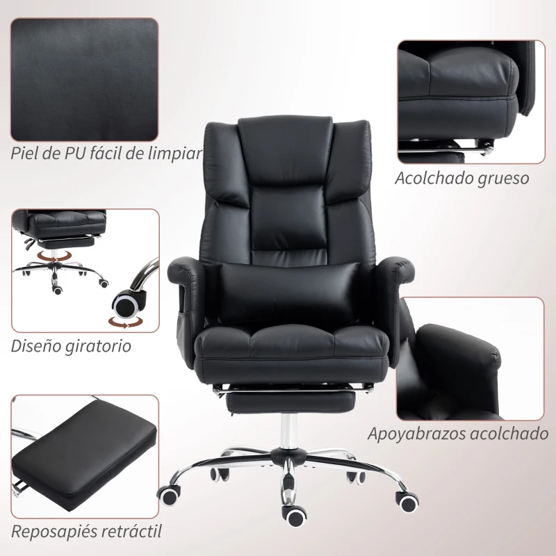 HOMCOM Fauteuil de Bureau avec 6 Points de Massage Repose-pieds Rétractile Hauteur Réglable Télécommande et Support Lombaire Noir