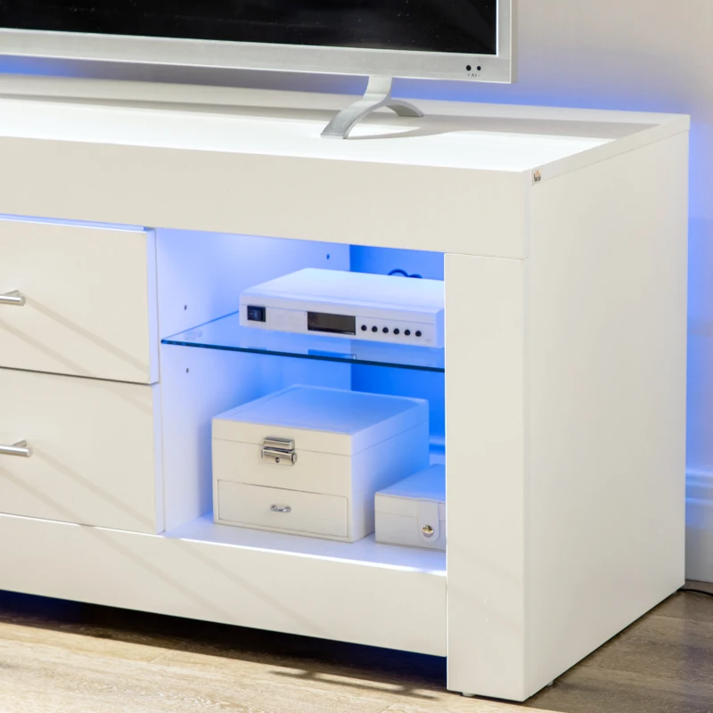 Comoda TV cu LED RGB – 55”, Etajere Sticla & Telecomanda, 12 Culori, 10W