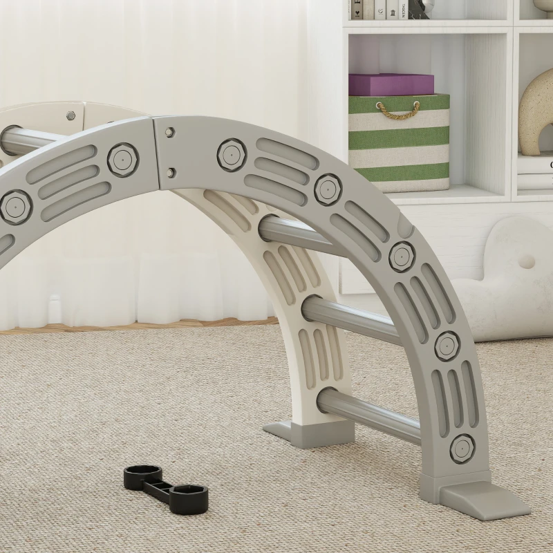 AIYAPLAY Struttura per Arrampicata, per Bambini di 18-48 Mesi, 4 in 1 con Arco di Arrampicata, Dondolo, Rampa e Scivolo 164x70x57 cm, Grigio e Bianco
