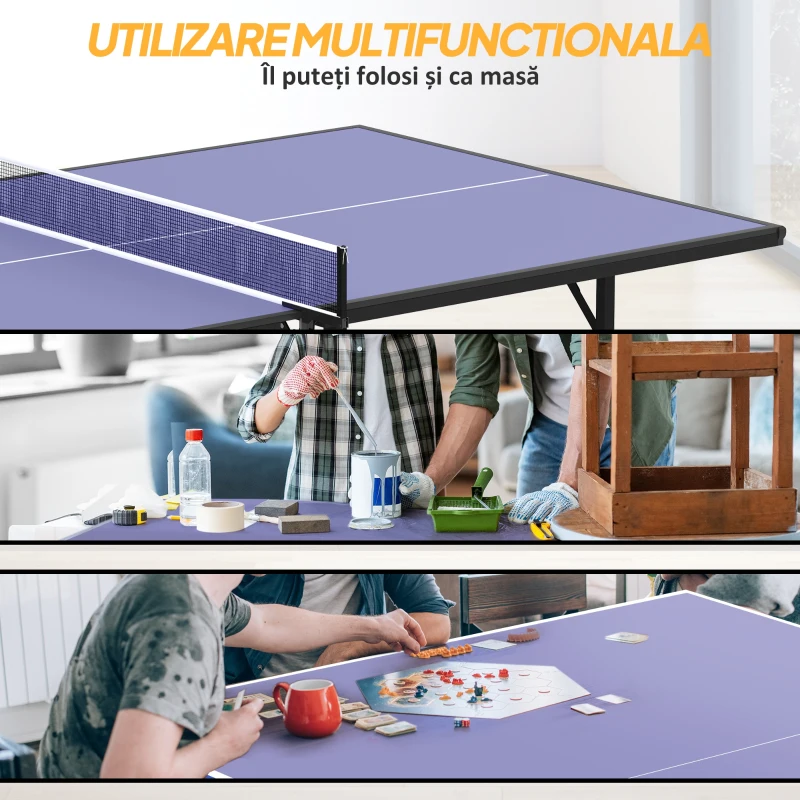 HOMCOM Masa Ping Pong Pliabila in lemn MDF si otel, Albastru Violet 152.5x274x76cm