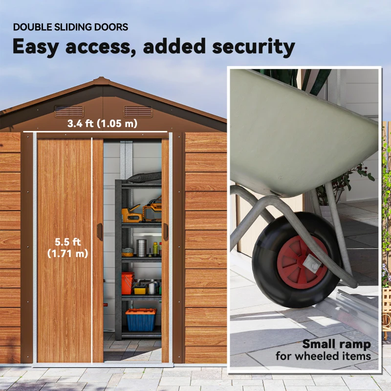 Outsunny 6 x 8ft Galvanised Steel Shed - Brown Wood-Effect
