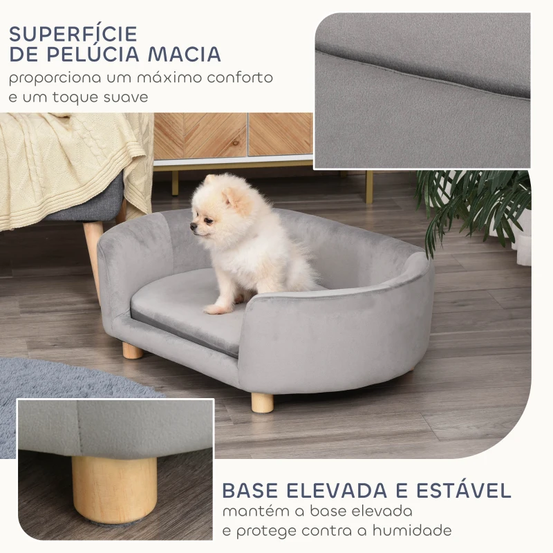 PawHut Sofá para Cães Pequenos com Pés de Madeira Almofada Removível e Capa Lavável  86x55x33 cm Cinzento Claro