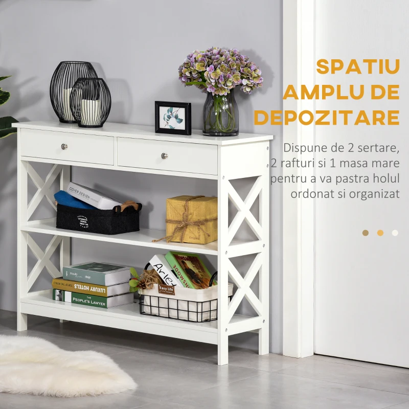 Homcom Masa Consola 100×30,5×80 cm – Alba, cu Sertare & Rafturi(m-4)