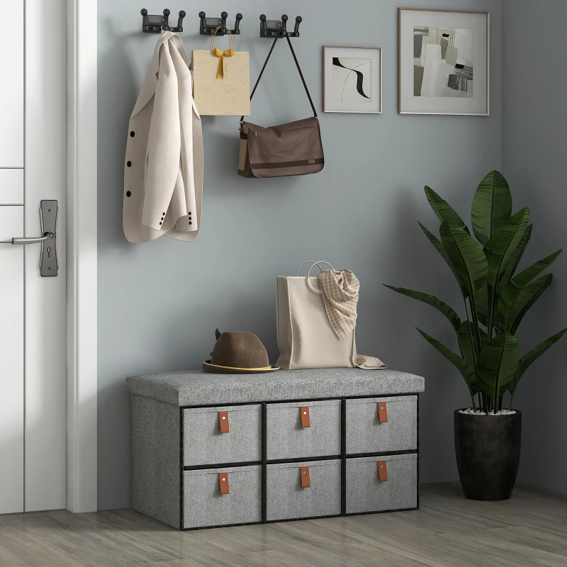HOMCOM Shoe Bench with Seat, Shoe Storage Bench with Cushion and 6 Fabric Drawers for Entryway, Hallway, Living Room, Bedroom, Light Grey