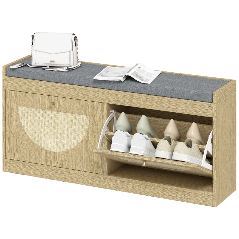 HOMCOM Banc à Chaussures avec Siège Rembourré Portes en Rotin Etagère Ajustable pour 8 Paires de Chaussures Naturel