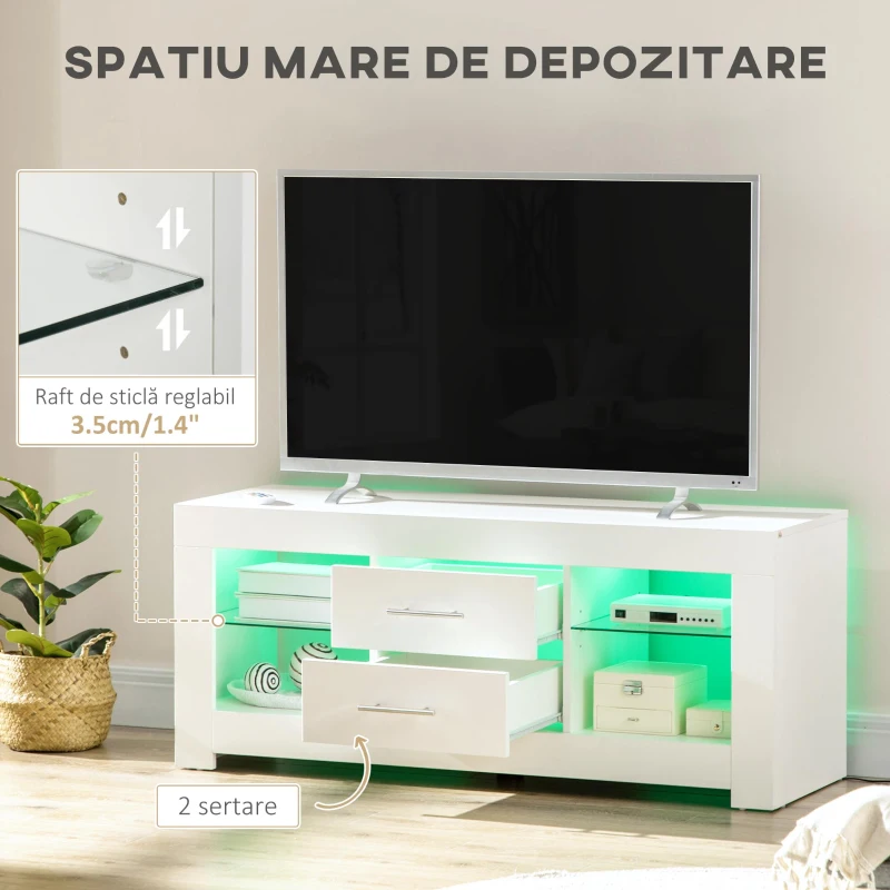 Comoda TV cu LED RGB – 55”, Etajere Sticla & Telecomanda, 12 Culori, 10W