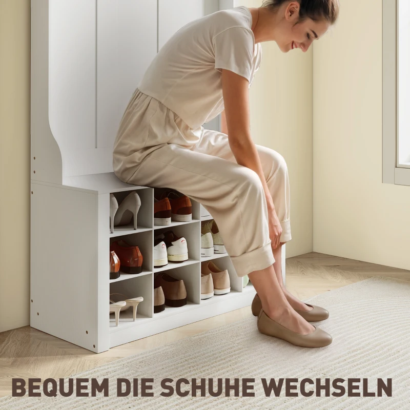 HOMCOM Kapstok met Plank, Bank, Haken, Schoencompartimenten, Spanplaten, MDF, Wit(m-5)