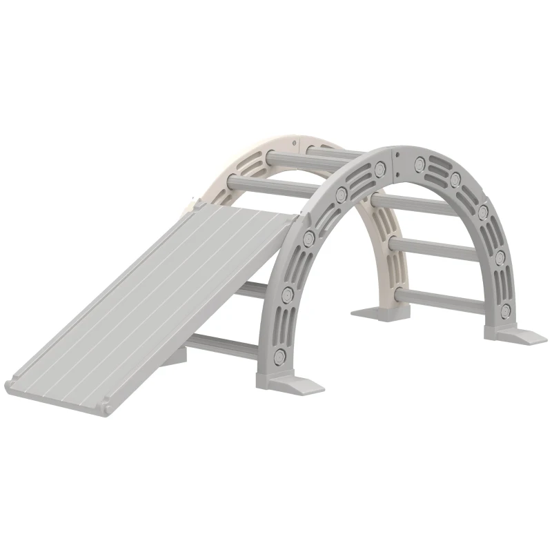 AIYAPLAY Struttura per Arrampicata, per Bambini di 18-48 Mesi, 4 in 1 con Arco di Arrampicata, Dondolo, Rampa e Scivolo 164x70x57 cm, Grigio e Bianco