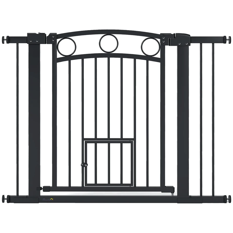 PawHut Barrière pour Animaux, 77 cm Portillon d'Escalier, Largeur Ajustable 76-104 cm, avec Porte pour Chats, pour Escaliers et Ouvertures de Portes, Noir