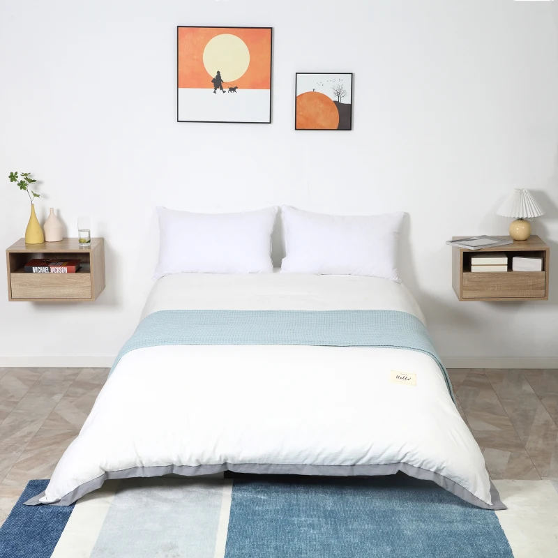 HOMCOM Lot de 2 Tables de Chevet murales - Lot de 2 Tables de Nuit - tiroir Coulissant, Niche, Plateau - Panneaux Particules Aspect chêne Clair