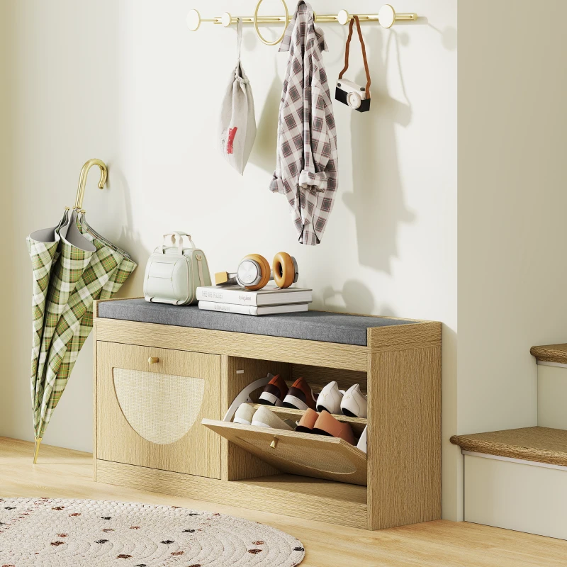 HOMCOM Banc à Chaussures avec Siège Rembourré Portes en Rotin Etagère Ajustable pour 8 Paires de Chaussures Naturel