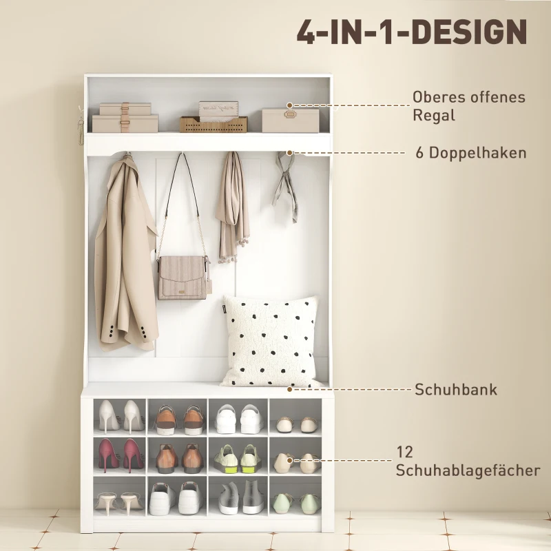 HOMCOM Kapstok met Plank, Bank, Haken, Schoencompartimenten, Spanplaten, MDF, Wit(m-4)