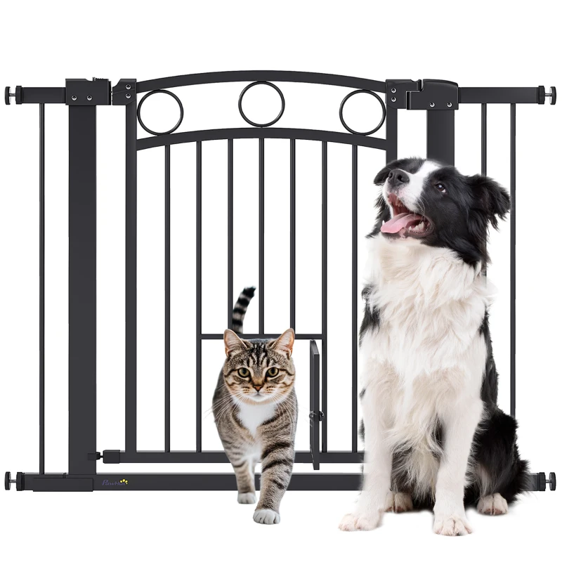 PawHut Puerta de Mascotas, 77 cm, Barrera de Escalera, Ancho Ajustable de 76-104 cm, con Puerta para Gatos, para Escaleras y Entradas de Puertas, Negro