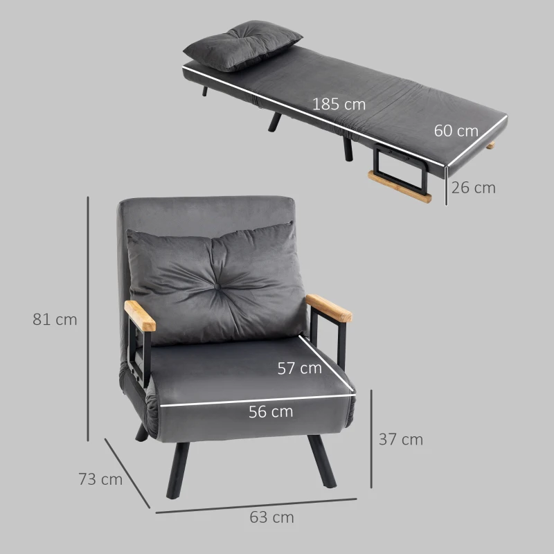 HOMCOM Canapea Extensibilă cu Spătar Reglabil pe 5 Nivele, Canapea Pat Individuală Pliabilă cu Perne, 63x73x81 cm, Gri(m-3)