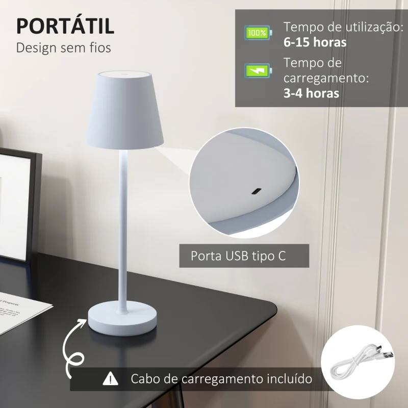 HOMCOM Candeeiro de Mesa com Luzes LED Candeeiro de Mesa Sem Fios Recarregável por USB-C 3 Cores Ø11,2x36,5 cm Branco