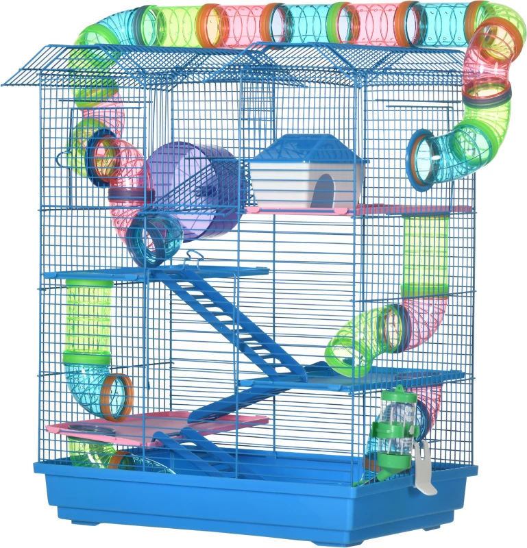 PawHut 5 Tier Hamster Cage, Hamster Habitat for Dwarf Mice, with Tunnel Tube, Exercise Wheel, Water Bottle Dishes, House, Ladder, Blue