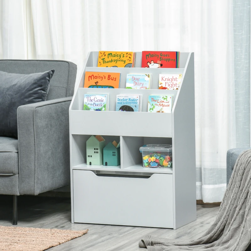 HOMCOM Kinderboekenrek met Lade en Vakken, 60 x 29,9 x 90 cm, Grijs(m-10)