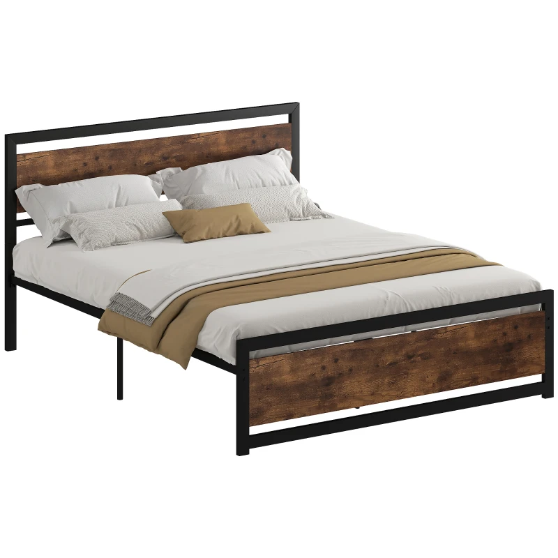 HOMCOM Cadru Pat Matrimonial din Lemn si Otel cu Sipci in Stil Industrial 160x200cm