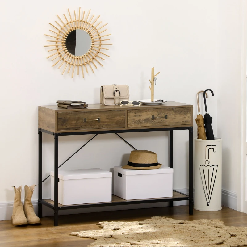 HOMCOM Table Console Table d'appoint d'entrée Industriel dim. 100L x 35l x 76H cm avec 2 tiroirs et 1 plateau Aspect Bois