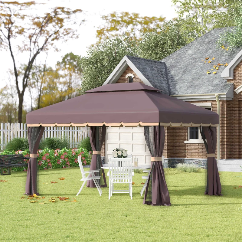 Outsunny Tonnelle de jardin extérieur 4 x 3 m barnum double toit tente de réception avec parois et moustiquaires marron(m-14)