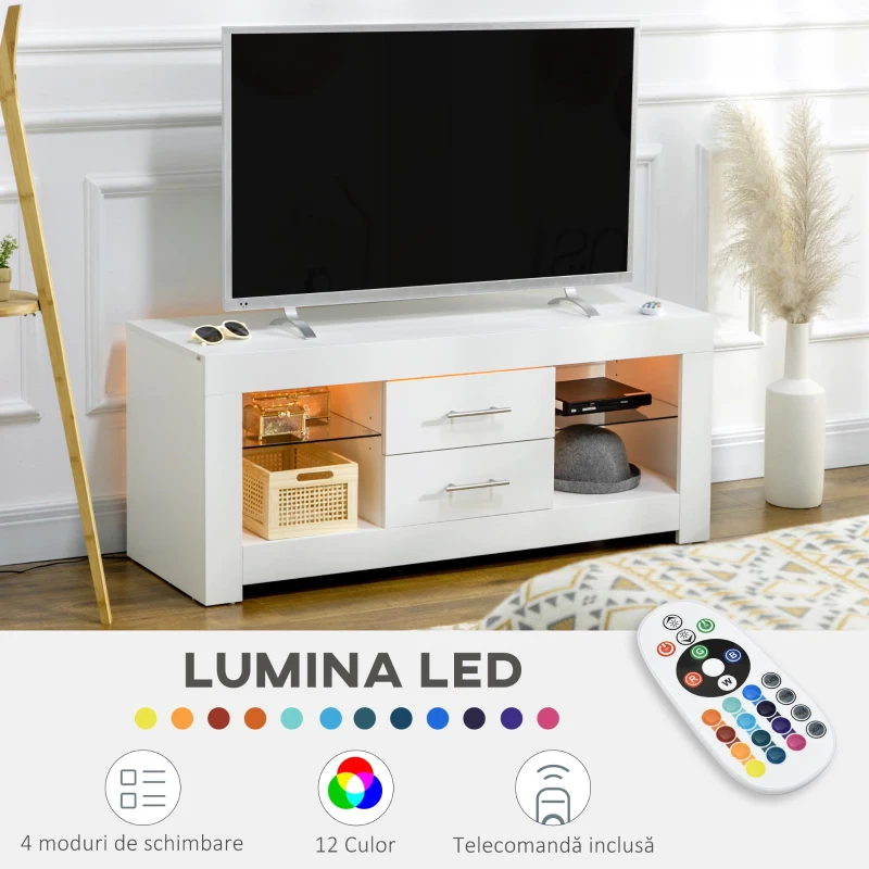Comoda TV cu LED RGB – 55”, Etajere Sticla & Telecomanda, 12 Culori, 10W