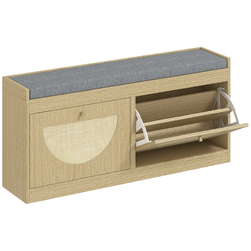 HOMCOM Banco Sapateira com Assento Acolchoado Portas em Vime Prateleira Ajustável para 8 Pares de Sapatos 104,5x24x48 cm Madeira