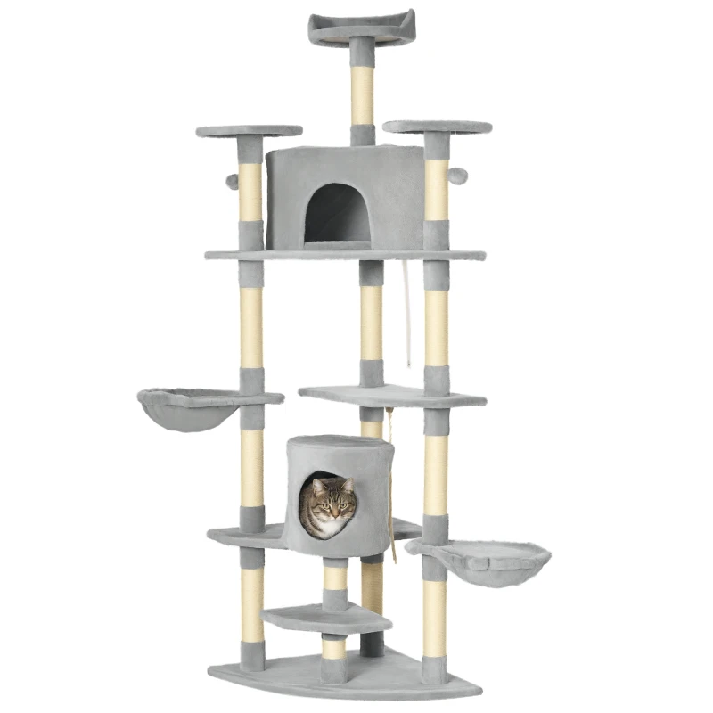 PawHut Cat Tree with 2 Hammocks and 2 Cat Caves incl. Toys Plush Sisal Rope Light Gray