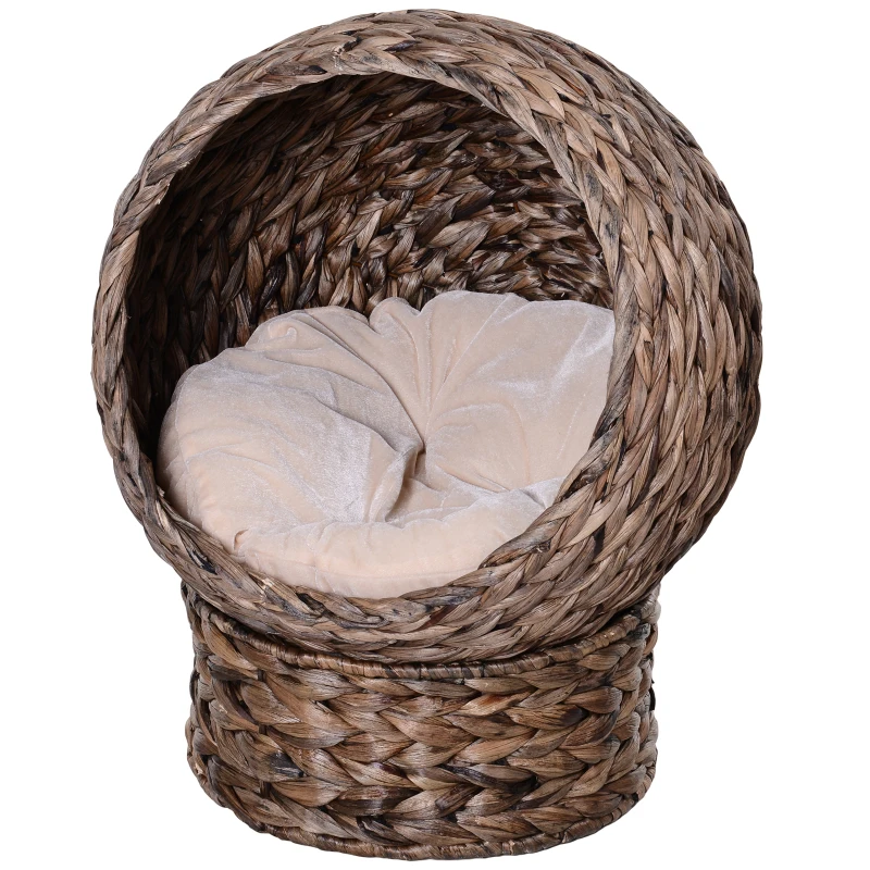 PawHut Water Hyacinth Cat Basket with Cushion, Cat Bed, Pet Bed, 50 cm x 42 cm x 60 cm, Brown + Beige