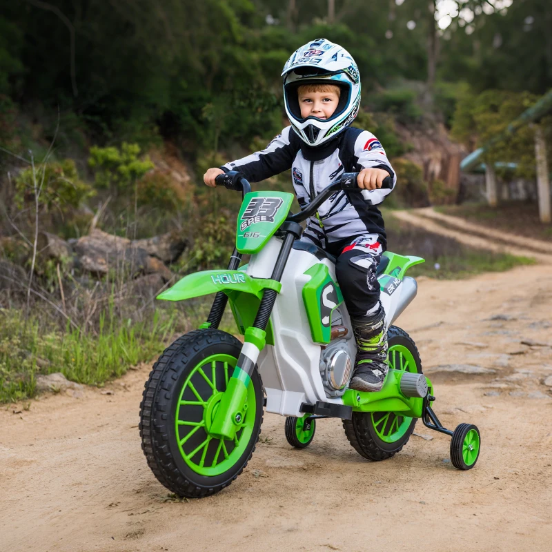 HOMCOM Moto Cross électrique pour Enfant 3 à 5 Ans 12 V 3-8 Km/h avec roulettes latérales Amovibles dim. 106,5L x 51,5l x 68H cm Vert(m-2)