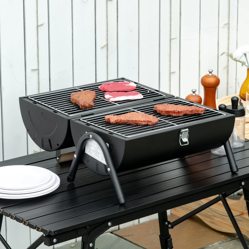 Outsunny Barbacoa de Carbón Portátil Barbacoa Sobremesa con 2 Parrillas Cocina con Asa y Cierre para Asar Picnic Camping Fiesta 42x29x45 cm Negro