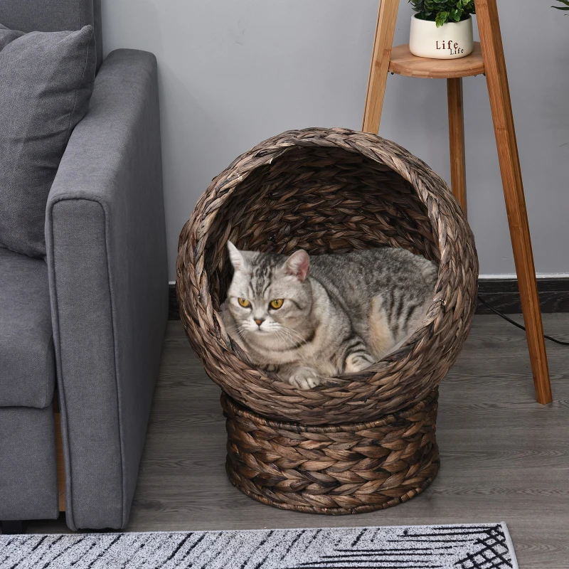 PawHut Water Hyacinth Cat Basket with Cushion, Cat Bed, Pet Bed, 50 cm x 42 cm x 60 cm, Brown + Beige