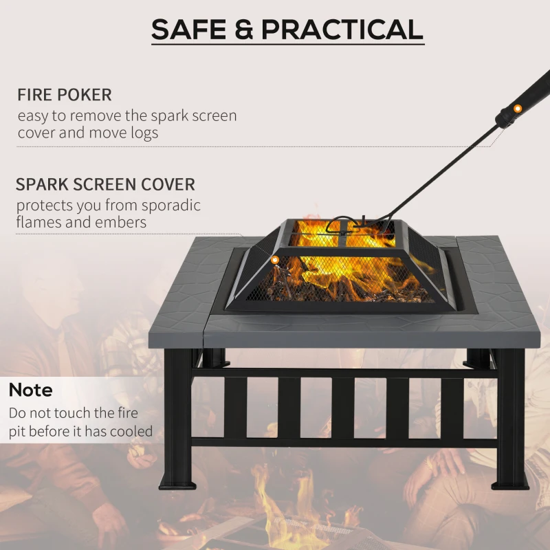Outsunny Outdoor Square Fire Pit, Metal Large Firepit Brazier with Rain Cover, Lid, Log Grate, Poker for Backyard, Camping, BBQ, Bonfire, Wood Burning Stove, 86 x 86 x 54cm, Black