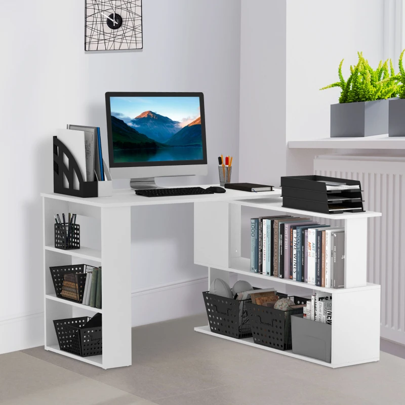 HOMCOM L Shaped Corner Desk, 360 Degree Rotating Home Office Desk with Storage Shelves, Writing Table Workstation, White