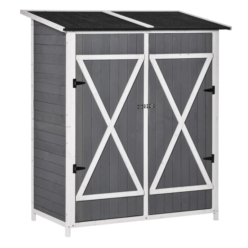 Outsunny Gartenschrank Geräteschuppen mit 2 Tür Geräteschrank mit Asphaltdach Gartenlagerschrank Antidumping Design mit Bodennägel Tannenholz Grau+Weiß 139 x 75 x 160 cm