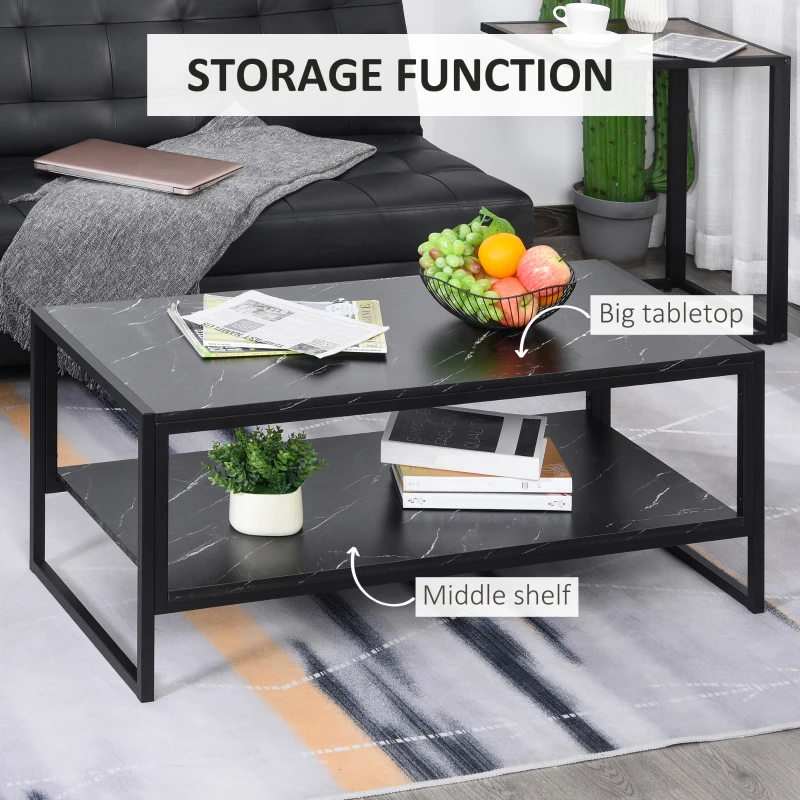 HOMCOM Coffee Table with Storage, 2-Tier Centre Table with Faux Marble Table Top, Bottom Shelf and Metal Frame, Modern Style Living Room Table, Black