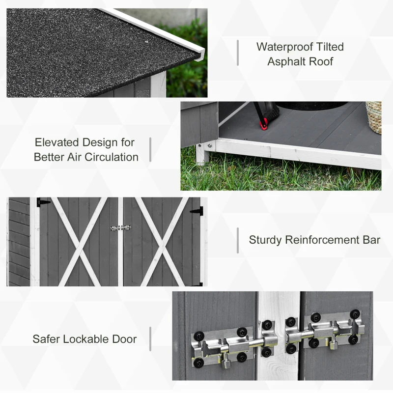 Outsunny Wooden Garden Storage Shed with Flexible Table, Hooks and Ground Nails, Lockable Tool Organizer Sheds with Asphalt Roof, 139 x 75 x 160cm, Dark Grey