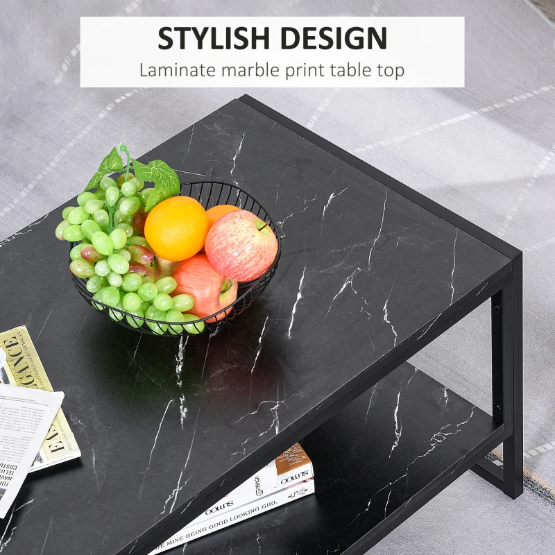 HOMCOM Coffee Table with Storage, 2-Tier Centre Table with Faux Marble Table Top, Bottom Shelf and Metal Frame, Modern Style Living Room Table, Black