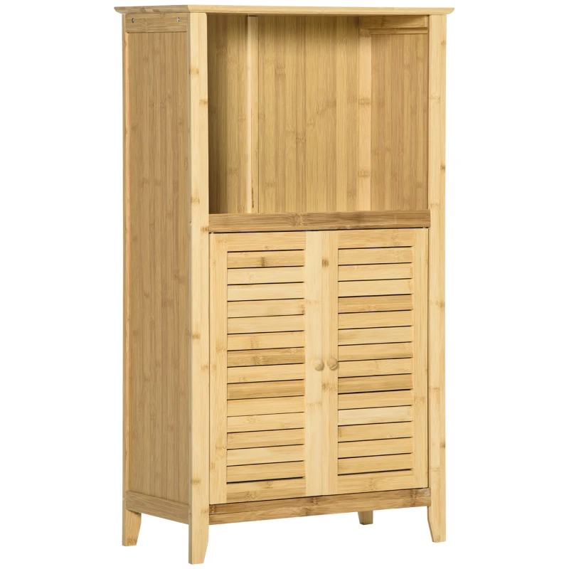 HOMCOM Bathroom Cabinet Bathroom Stand Shelf with 2 Louvered Doors, Open Shelf, Bamboo, Storage Cabinet Cupboard for Bathroom, Living Room 50 x 25.5 x 92cm Natural