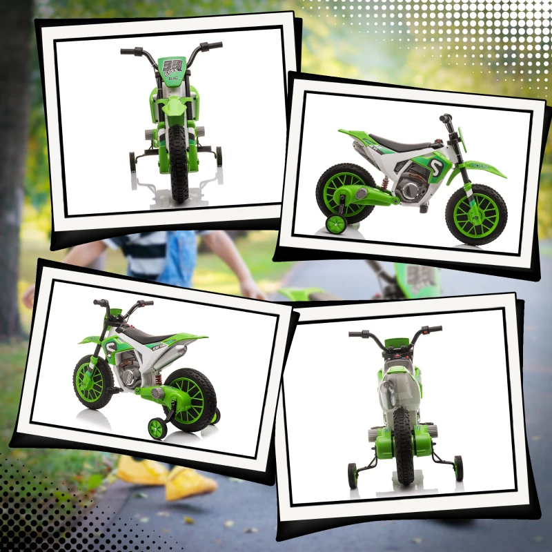 HOMCOM Moto Cross électrique pour Enfant 3 à 5 Ans 12 V 3-8 Km/h avec roulettes latérales Amovibles dim. 106,5L x 51,5l x 68H cm Vert(m-8)