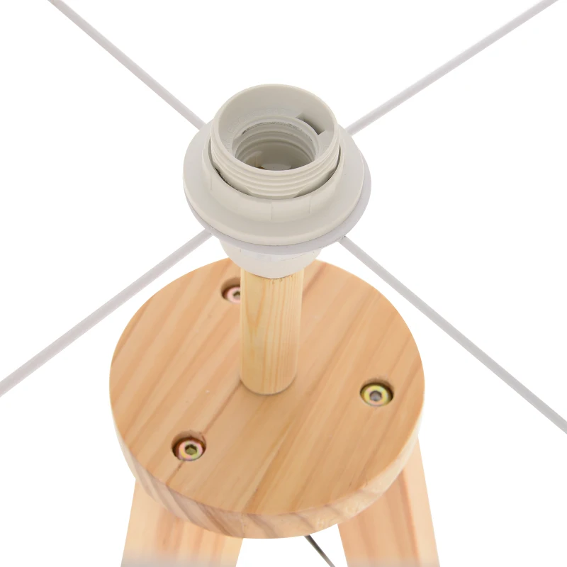 HOMCOM Lámpara de Pie Tipo Trípode con Estructura de Madera Natural y Pantalla de Tela Beige con Estante Integrado 50x50x154 cm