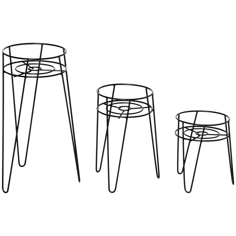 Outsunny 3-Piece Plant Stand Set, 23.5/30/42cm Tall Flower Stands for Indoor Outdoor, Metal Plant Stand for Living Room, Garden Balcony, Black