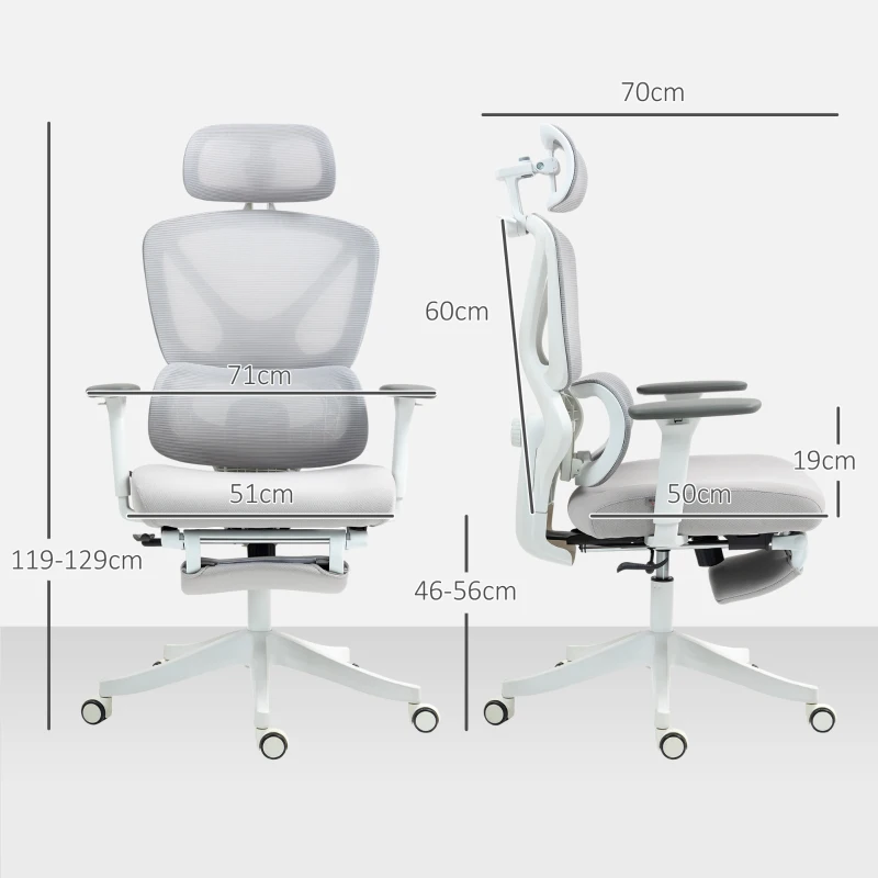 HOMCOM Cadeira de Escritório de Malha Reclinável com Apoio para a Cabeça Ajustável e Altura Regulável  71x70x109-119 cm Cinza