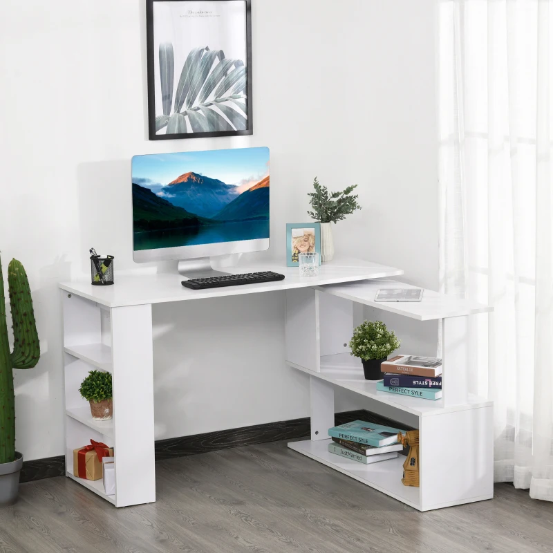 HOMCOM L Shaped Corner Desk, 360 Degree Rotating Home Office Desk with Storage Shelves, Writing Table Workstation, White