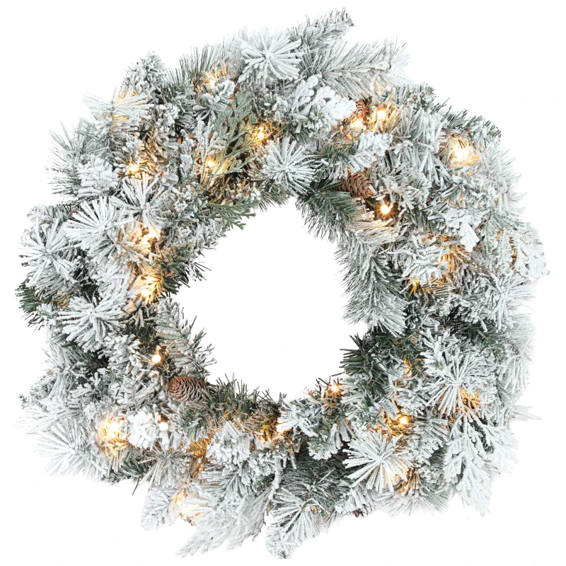 HOMCOM Tannenkranz Weihnachtskranz mit LED-Lichterkette, Tannenzapfen, Türkranz Grün+Weiß, Ø60 x 8 cm