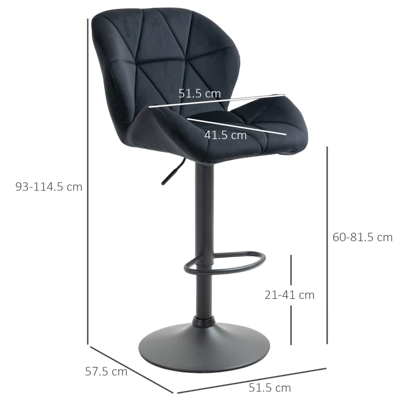 HOMCOM 2-Piece Bar Stools Swivel Bar Chairs with Backrest Adjustable Height Bistro Stools Counter Stools Velvet Touch Armless Foam Black 51.5x57.5x93-114.5 cm