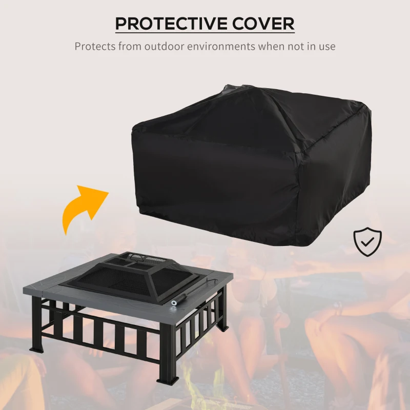 Outsunny Outdoor Square Fire Pit, Metal Large Firepit Brazier with Rain Cover, Lid, Log Grate, Poker for Backyard, Camping, BBQ, Bonfire, Wood Burning Stove, 86 x 86 x 54cm, Black