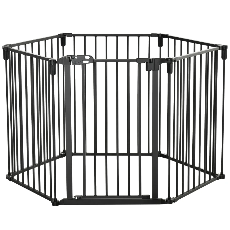 PawHut Dog Safety Gate 6-Panel Playpen Fireplace Christmas Tree Steel Fence Stair Barrier Room Divider Black