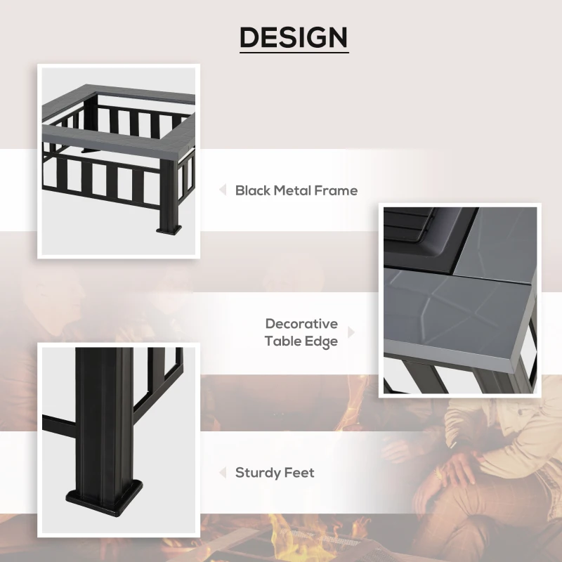 Outsunny Outdoor Square Fire Pit, Metal Large Firepit Brazier with Rain Cover, Lid, Log Grate, Poker for Backyard, Camping, BBQ, Bonfire, Wood Burning Stove, 86 x 86 x 54cm, Black
